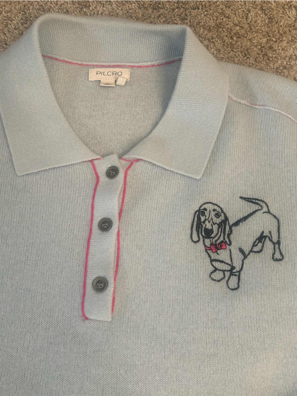 Anthropologie Pilcro The Jensen Cashmere Polo Sweater Dog Motif Blue S